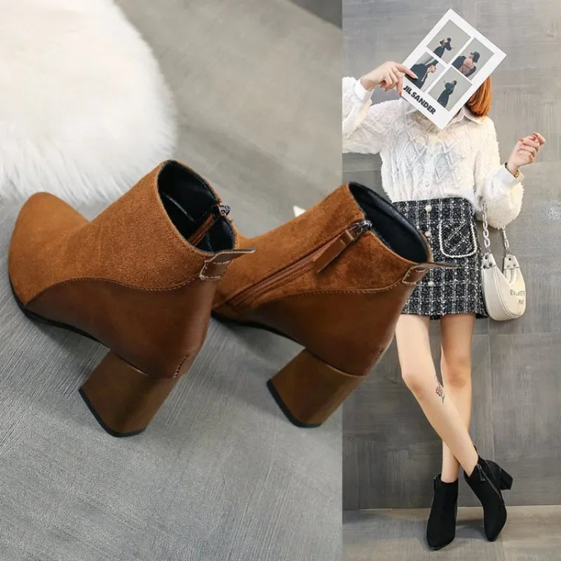 2023 Autumn/Winter Women Ankle Boots Pointed Fashion Short Boots Suede Panel Side Zipper Thick Heels Women's Shoes Large 44