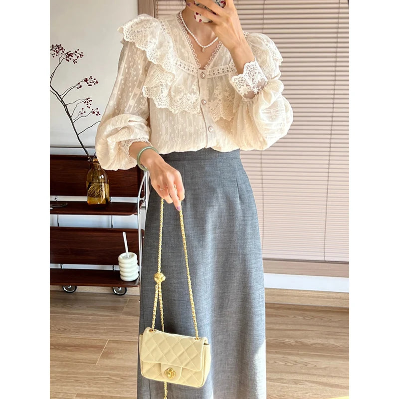 Vintage French Women Shirts Lace Lolita Elegant Long Sleeve Flounce Blouse High Quality Office Lady New Fashion Chic Female Tops