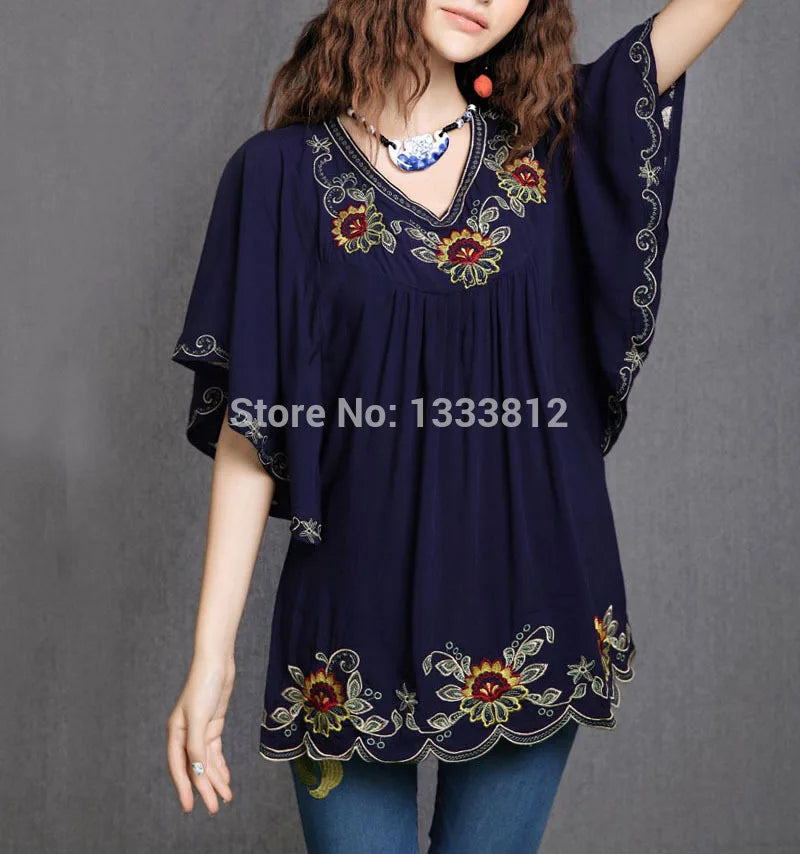 2022 Women Cotton Tops Clothes Vintage Mexican Ethnic Floral Embroidery Batwing Loose Casual Boho Tunic Blouse Blusa Mujer