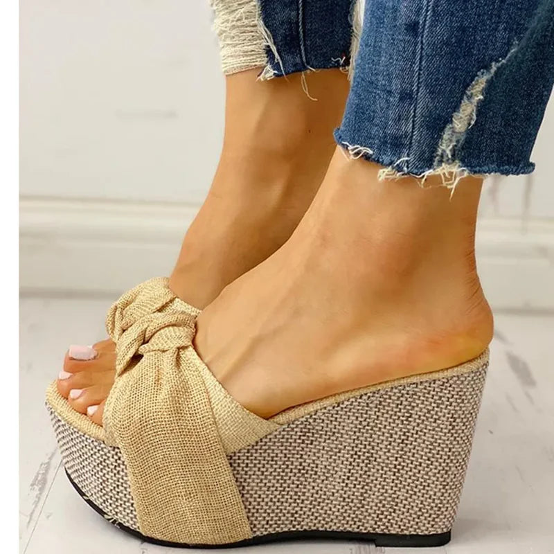 Bow Tied Slip On Leisure Platform Summer Sandals 2020 Wedges High Heels Women Shoes Woman Mules Flip Flops