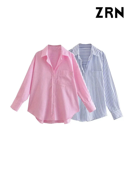 ZRN-Striped Loose Shirts With Pocket for Women, Long Sleeve, Button-up Blouses, Chic Tops, Female Fashion