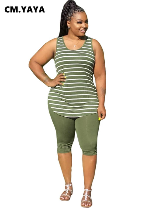 CM.YAYA Women Plus Size XL-5XL Sport two piece set Tracksuit Striped Tank Tops Knee Length jogger Suit Sweatpants Matching Set