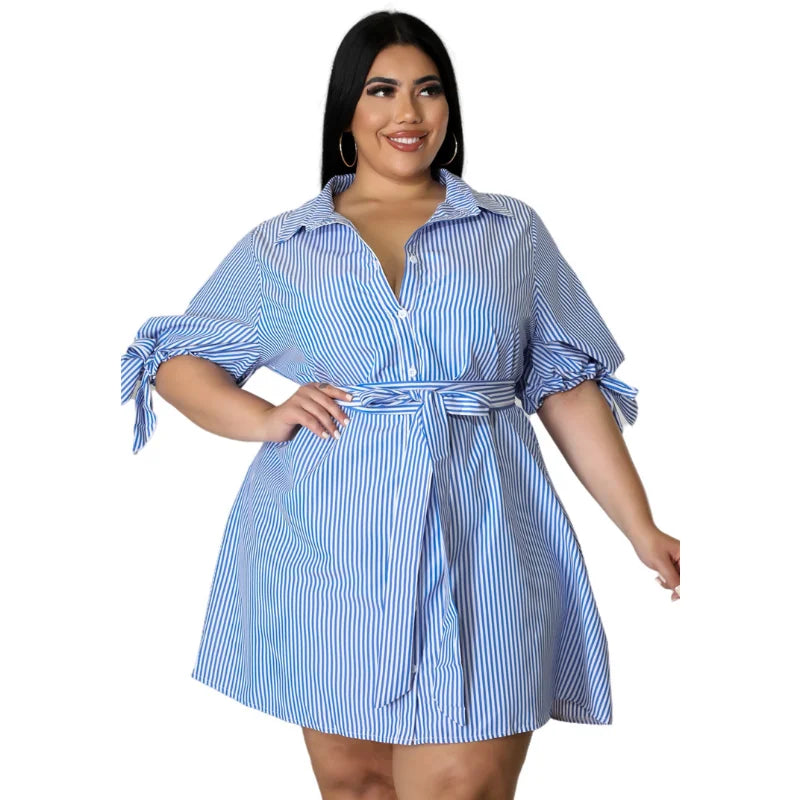 WSFEC XL-5XL Plus Size Dresses for Women 2023 Spring Summer New Fashion Stripe Bandage Loose Casual Midi Shirt Dress Outfits