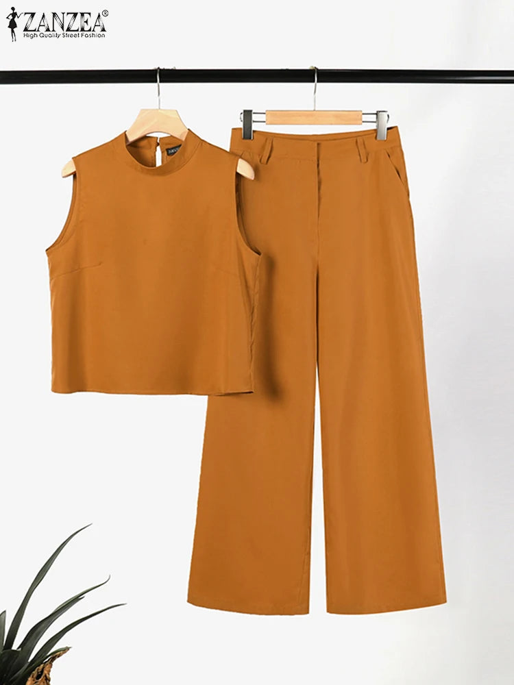 ZANZEA Elegant Women Matching Sets Summer Tracksuits Causal Pant Sets Sleeveless Blouse & Trousers Suit Fashion Outfits Oversize