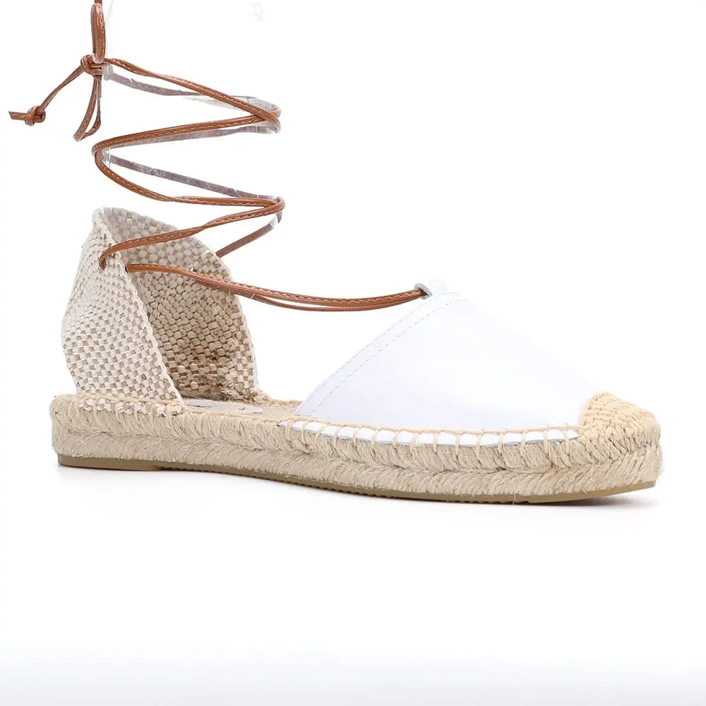 Women's Espadrilles Sandals - Genuine Leather Rushed Top Flat with Open Rubber Outsole