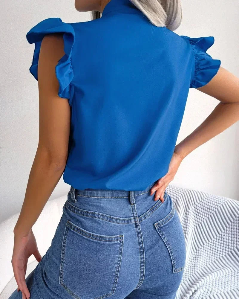 Women's Summer Solid Color Office Shirt Ladies Fashion Simple Bowknot Ruffles Sleeve Blouses Tops Women  Elegant Shirts