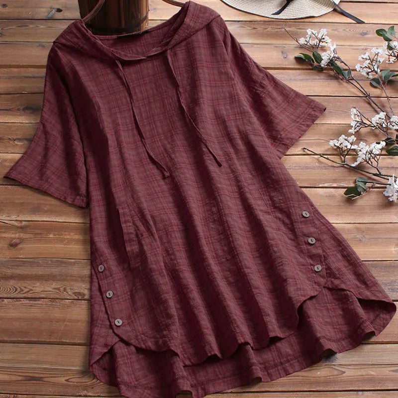 150Kg Plus Size Bust 153cm Women's Summer Hooded V-Neck Short Sleeve Loose Plaid T-Shirt 6XL 7XL 8XL 9XL 7 Colors