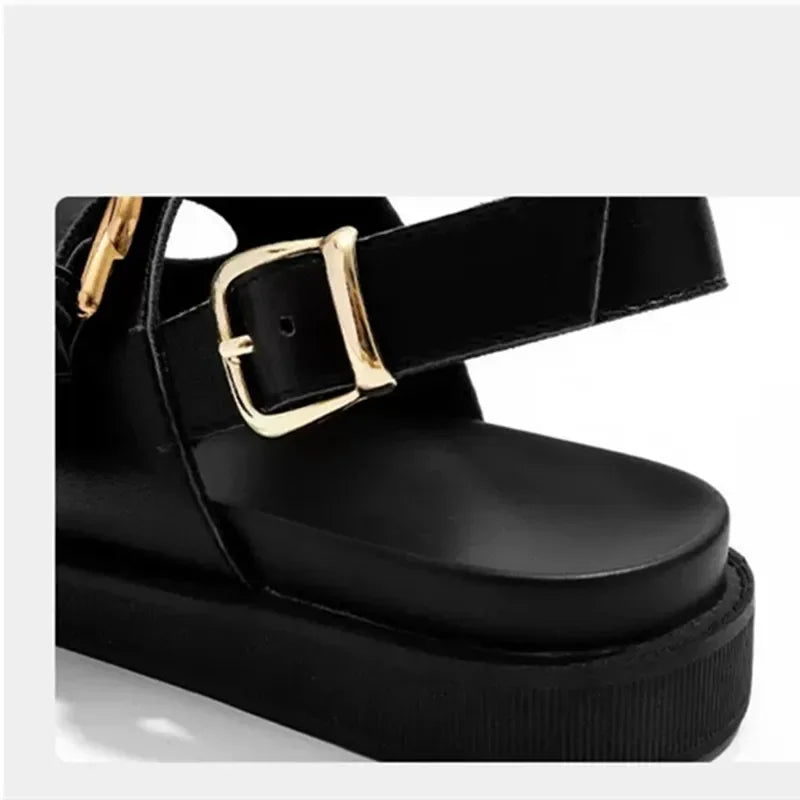 2024 Summer Black Soft Leather PU Metal Buckle Flat Sandals Retro Fashion Design Slide Slippers Women Light Non-Slip Beach Shoes