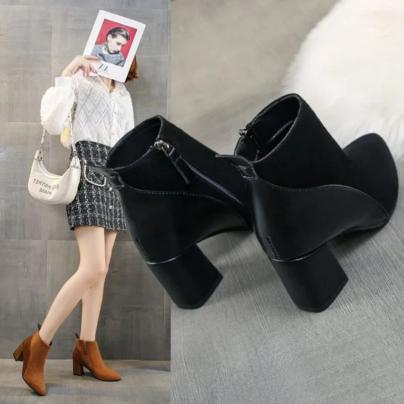 2023 Autumn/Winter Women Ankle Boots Pointed Fashion Short Boots Suede Panel Side Zipper Thick Heels Women's Shoes Large 44