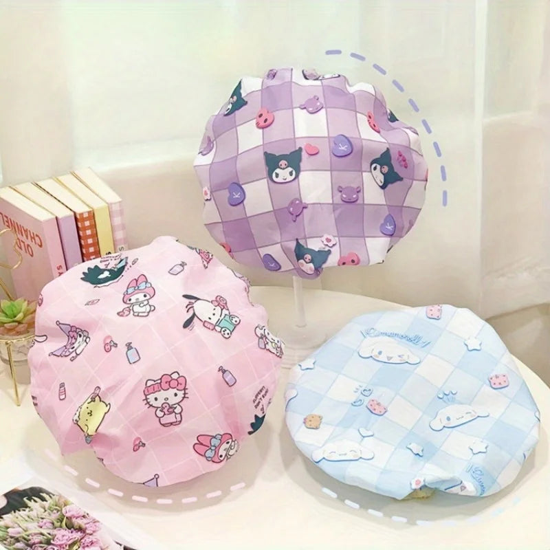 1pc Sanrio Cartoon Pattern Shower Cap Hello Kitty Kuromi Melody Double Layer Shower Cap Waterproof Hair Care Cap