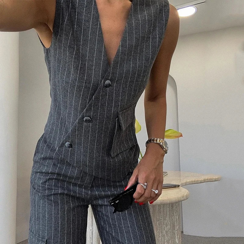 Wefads Office 2 Piece Set Women Elegant Sleeveless Striped Printed V Neck Irregular Single Breasted Vest Top Straight Pants Sets