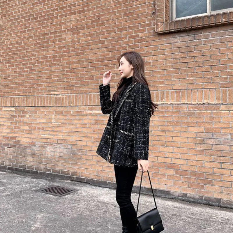 Tweed Plaid Suit Jacket Women Outwear Loose Mid-Length Double-Breasted Casual Woolen Blazer Top 2024 Spring Autumn New Chic Suit