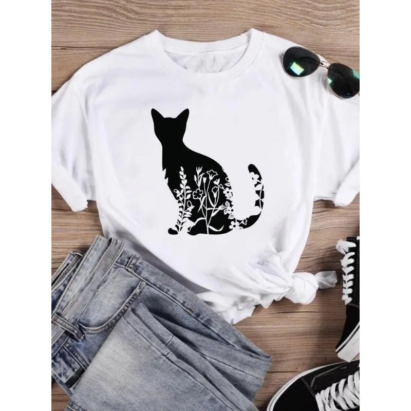 Cat Flower Ladies Printed European Dress Short Sleeve T-shirt Oversized T Shirt  Tops  Aesthetic  Women Clothing