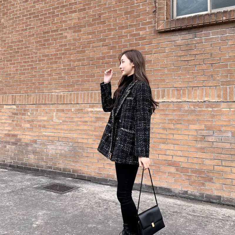 Tweed Plaid Suit Jacket Women Outwear Loose Mid-Length Double-Breasted Casual Woolen Blazer Top 2024 Spring Autumn New Chic Suit