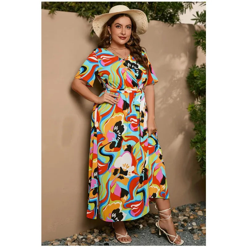 XL-5XL Summer Beach Printing Sexy Dresses Plus Size Women Clothing Short Sleeve V Beck Bandage Casual Loose Elegant Long Dress