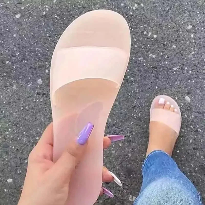 comemore 2021 Woman Sandals Sexy Summer Shoes Woman Slip on Fashion Slides Ladies Transparent Flats Shoes Flat Flip Flop Beach