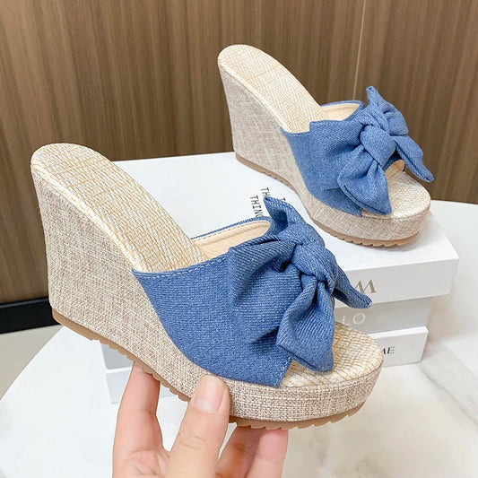 Women Fashion Casual Party Club Shoes Bowknot Design Platform Wedge Slippers Sandals Women Summer Fashion Flip Flops