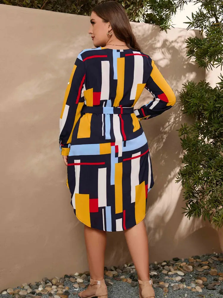 Women's Long Sleeve V-Neck Dress with Belts Ladies Office Dresses Casual Patchwork Polyester Plus Size L-4XL ,New Arrival Summer