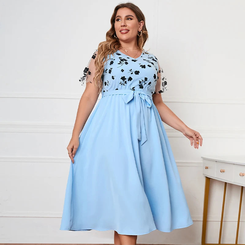 Della Mel Plus Size Women Clothing Lace Short Sleeve Long Dress Summer V-Neck Belt Blue Party Lady Big Size Maxi Dresses 3XL 4XL