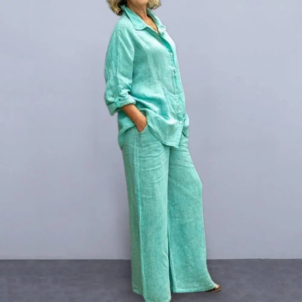 Women Cotton Linen Suits 2023 Elegant Solid Long Sleeve Shirt Wide Leg Trousers Two Piece Set Female Casual Straight Pants Suits