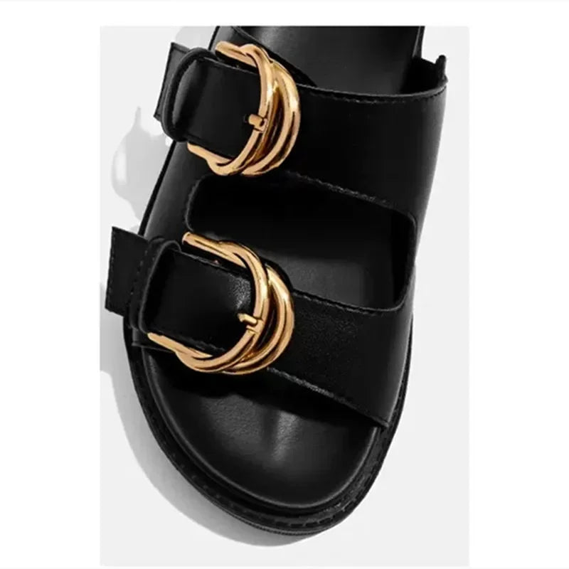 2024 Summer Black Soft Leather PU Metal Buckle Flat Sandals Retro Fashion Design Slide Slippers Women Light Non-Slip Beach Shoes