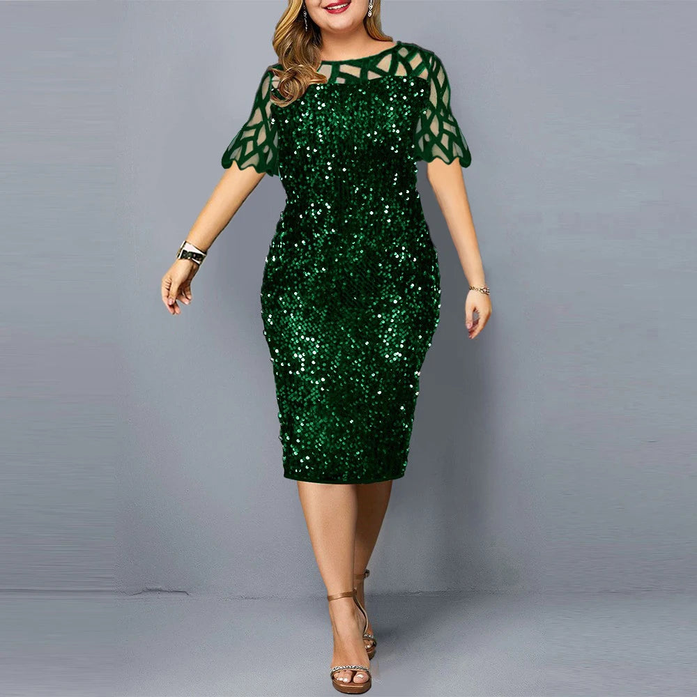 Big Size Clothing 2024 Summer Loose Short Sleeve Woman Dress Elegant Personalized Sequin Design Plus Size Dress Party Vestidos