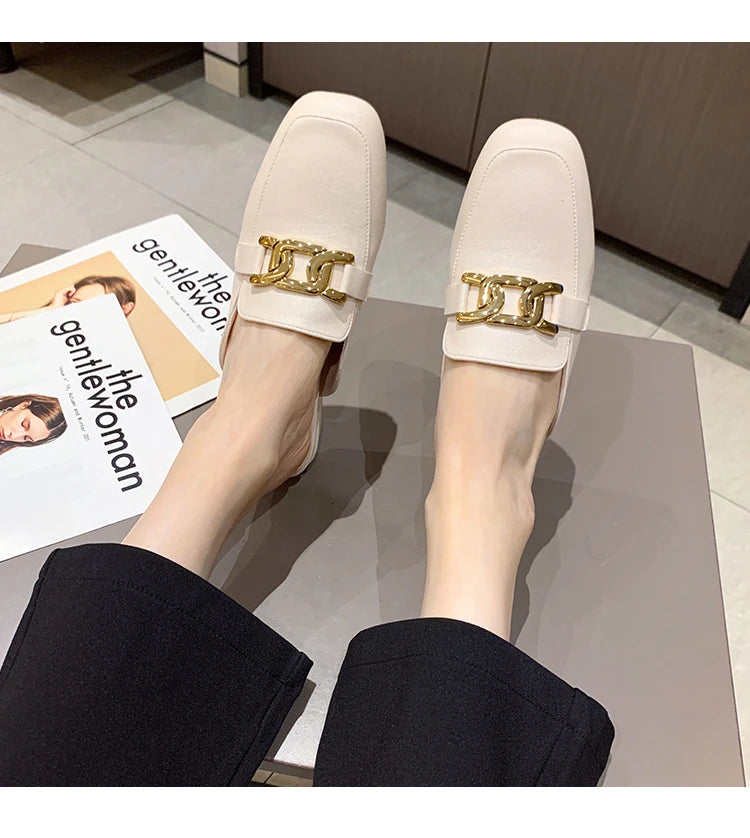 2024 Simply Metal Buckle Slippers Women Cover Toe Mules Flats Low Heels Shoes Ladies Casual Slip On Slides House Pantuflas Femme