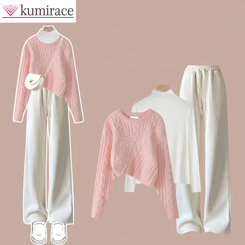 Autumn and Winter Set Women's 2023 New Korean Knitted Sweater Women's Underlay Casual Pants Three Piece Set Winter Clothes Women