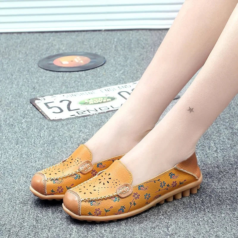 Women flat shoes 2024 new fashion ballet summer flower print women shoes genuine leathe loafers ladies flats shoes woman