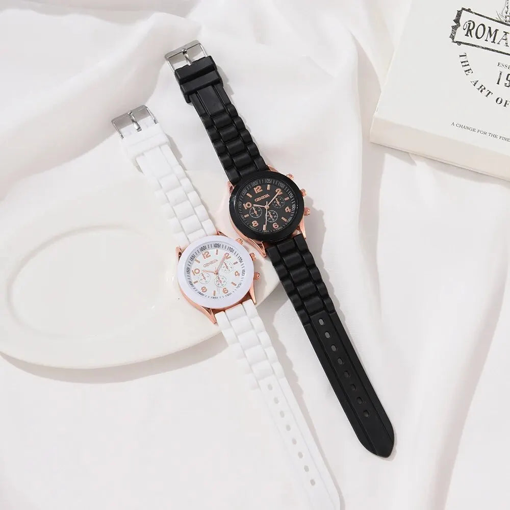 2Pcs Luxury Women's Watch Set Fashion Luxury Elegant Alloy Wristwatch Silicone Strap Couple Watch Men Quartz Holiday Gifts