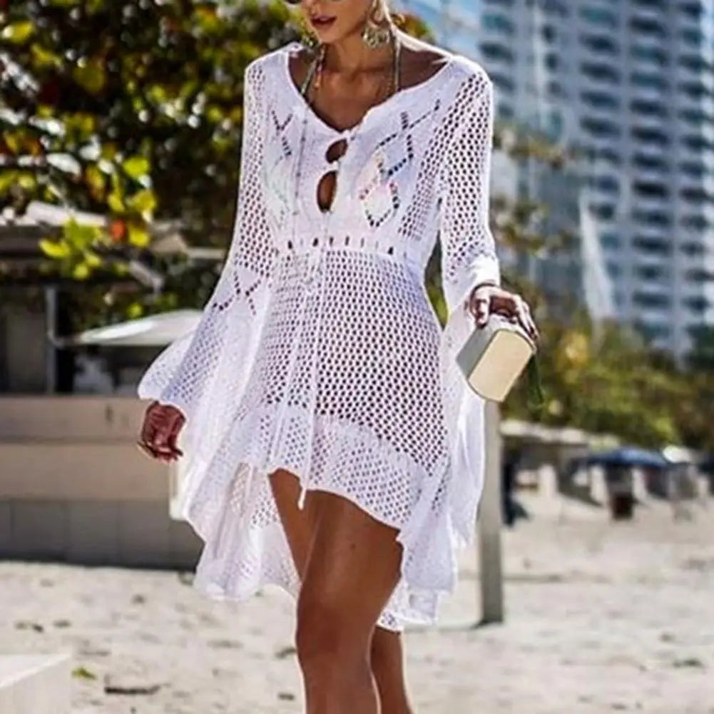 2022 Beach Cover Up Crochet Knitted Tassel Hollow Out Women Flared Sleeves Sexy See-through Beach Dress Swimwear Cover Up