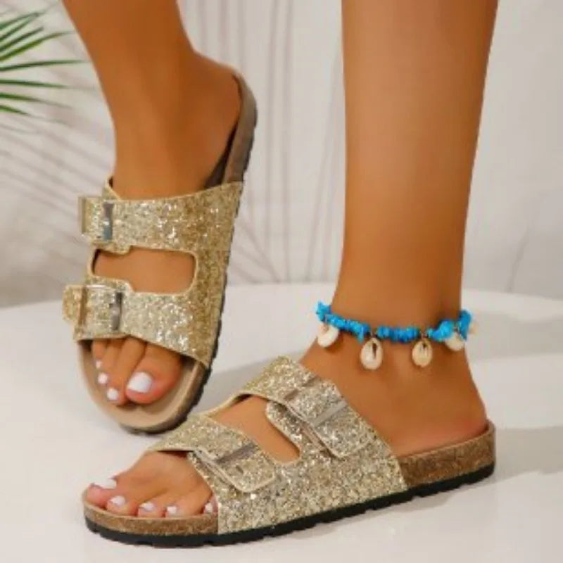 Women Sequin Sandal 2024 Summer Retro Belt Buckle Flats Slippers Fashion Outdoor Comfort Peep Toe Casual Birkenstock Sandals