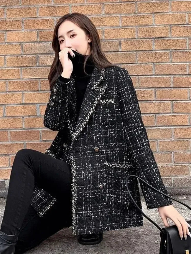 Tweed Plaid Suit Jacket Women Outwear Loose Mid-Length Double-Breasted Casual Woolen Blazer Top 2024 Spring Autumn New Chic Suit