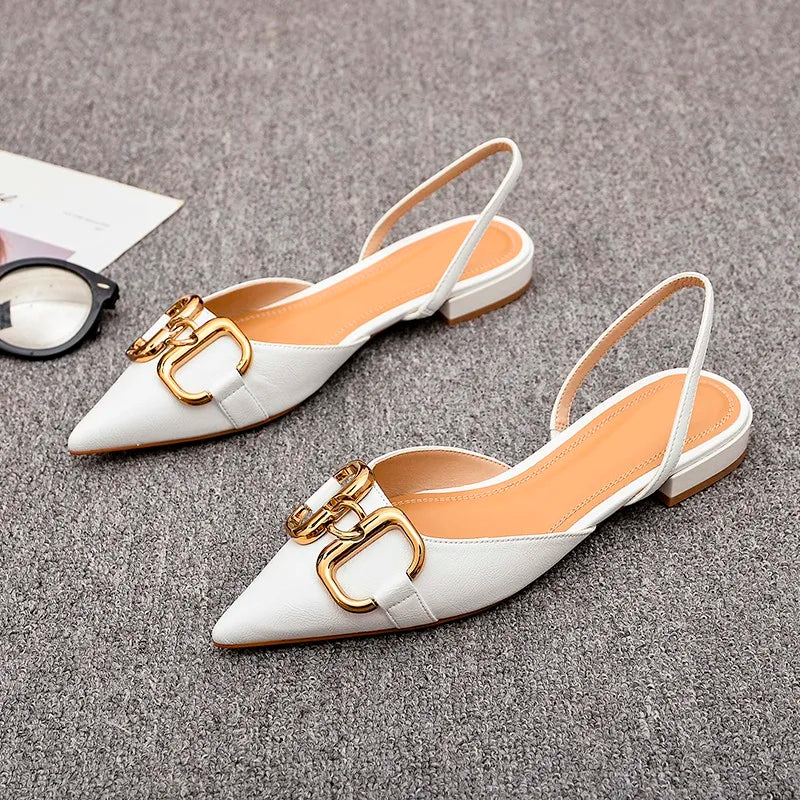 2024 summer new low heel metal buckle ladies fairy pointy thick heel women's sandals half slipper women