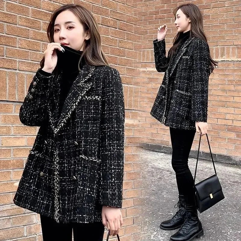 Tweed Plaid Suit Jacket Women Outwear Loose Mid-Length Double-Breasted Casual Woolen Blazer Top 2024 Spring Autumn New Chic Suit