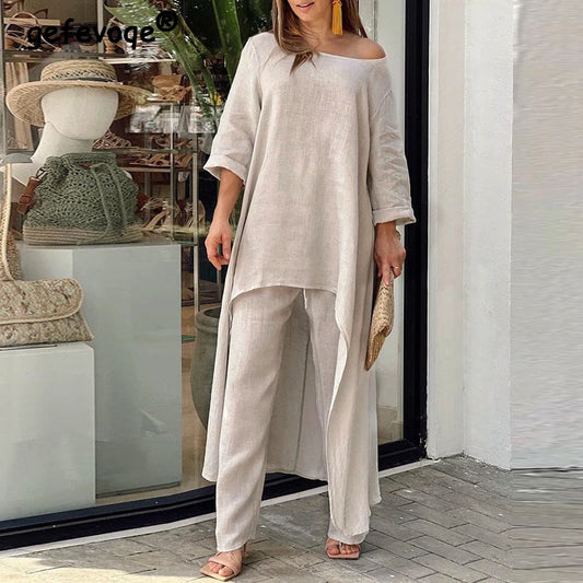 2 Piece Sets Women Outfit Spring Autumn Elegant Irregular Tunic Tops Oversized Cotton Linen Blouse Straight Pants Female Clothes