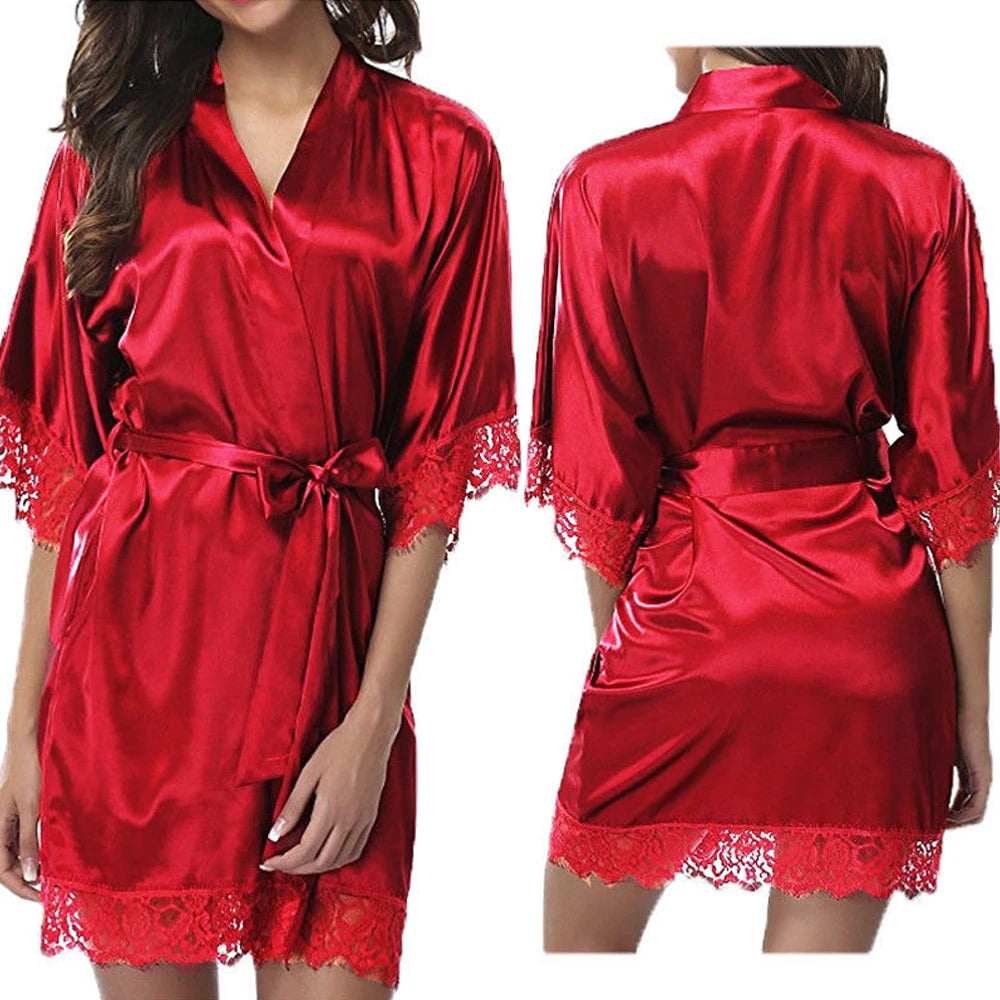 Women Sexy Silk Satin Lace Border Nightgown Pajamas Solid Color Smooth Robe Dress Skin-friendly Comfortable Exquisite Nightwear