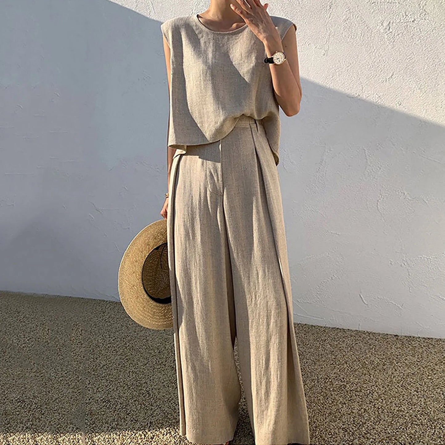 Women Cotton Linen Suits Summer Sleeveless O-Neck Tank Top Wide Leg Pants Two Piece Sets Female Fashion Casual Solid Loose Suits