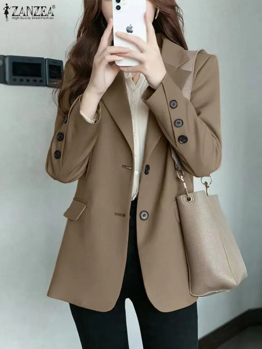 ZANZEA Autumn Fashion Long Sleeve Blazer Woman Lapel Neck Party Suits Elegant Solid Color Jackets Female Vintage OL Outwear 2023