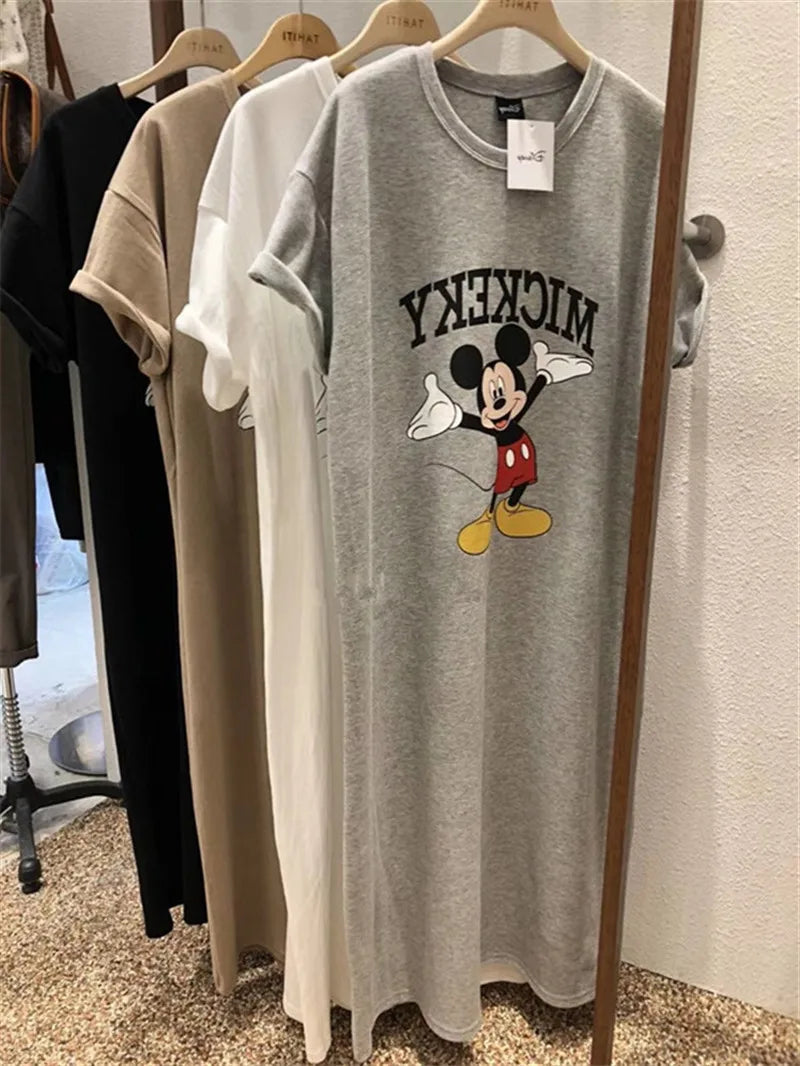 Brand Trend  Summer New Women Dress Mickey Mouse Cartoon Loose Short-sleeved Over-the-knee Long T-shirt Skirt