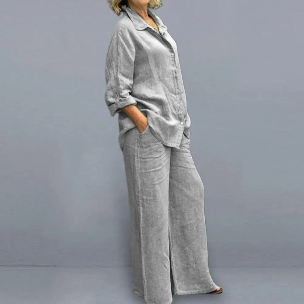 Women Cotton Linen Suits 2023 Elegant Solid Long Sleeve Shirt Wide Leg Trousers Two Piece Set Female Casual Straight Pants Suits