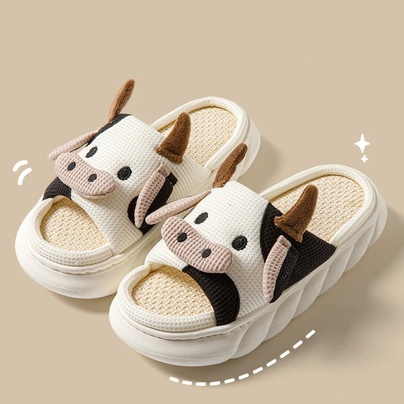 Cartoon Cow Unisex Linen Slippers Couple Spring Summer Slides Mule Men And Women Home Shoes Non-slip Flip Flops For Four Seasons