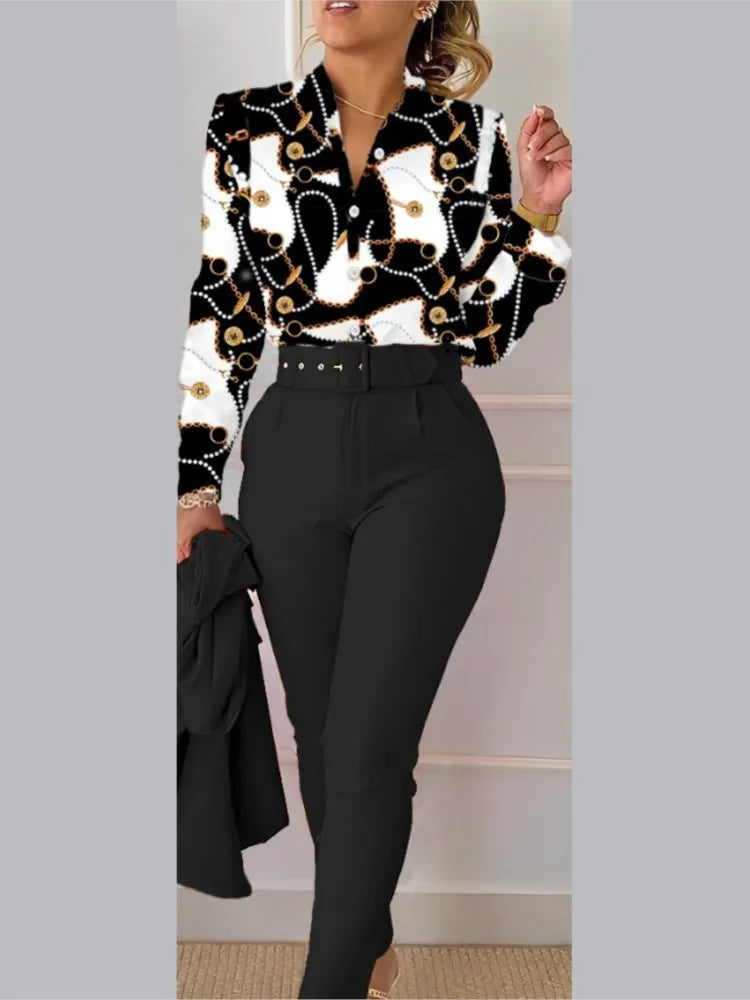 Casual Long Sleeve Shirt Pants Set Office Lady Fashion Elegant V Neck Floral Print Trousers Two Piece Set Women Outfit 2023 New