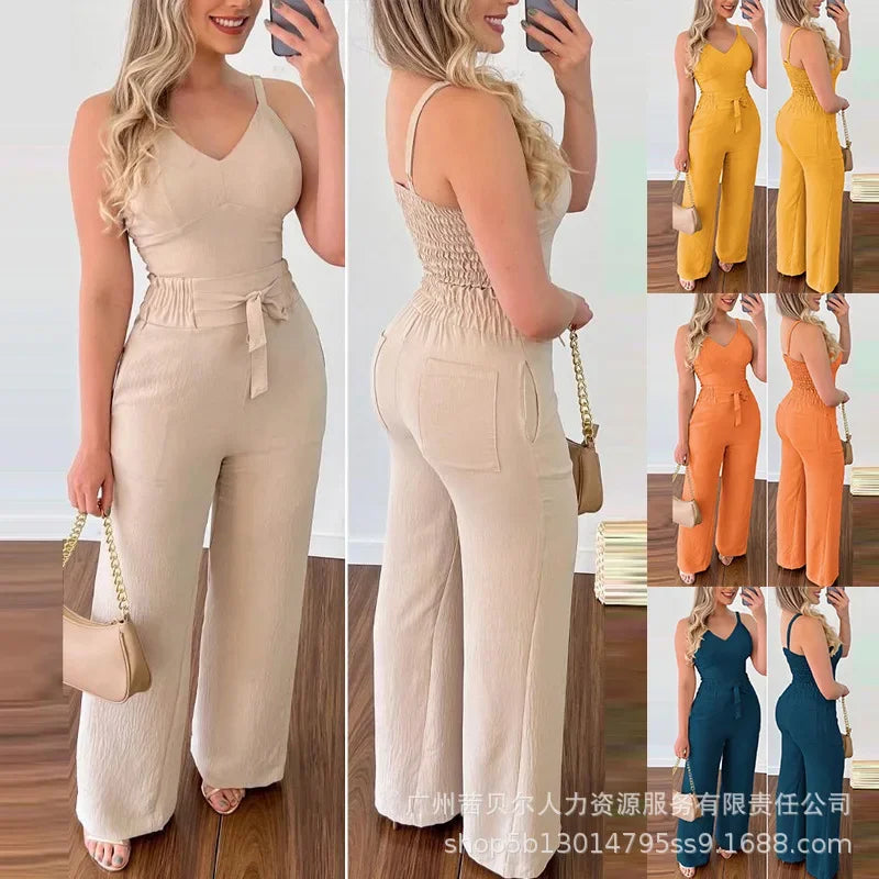 Women's Solid Color Slim Elastic Pleated Two-Piece Suit Sexy Spaghetti Strap V-neck Backless Vest High Waist Wide Leg Pants Suit