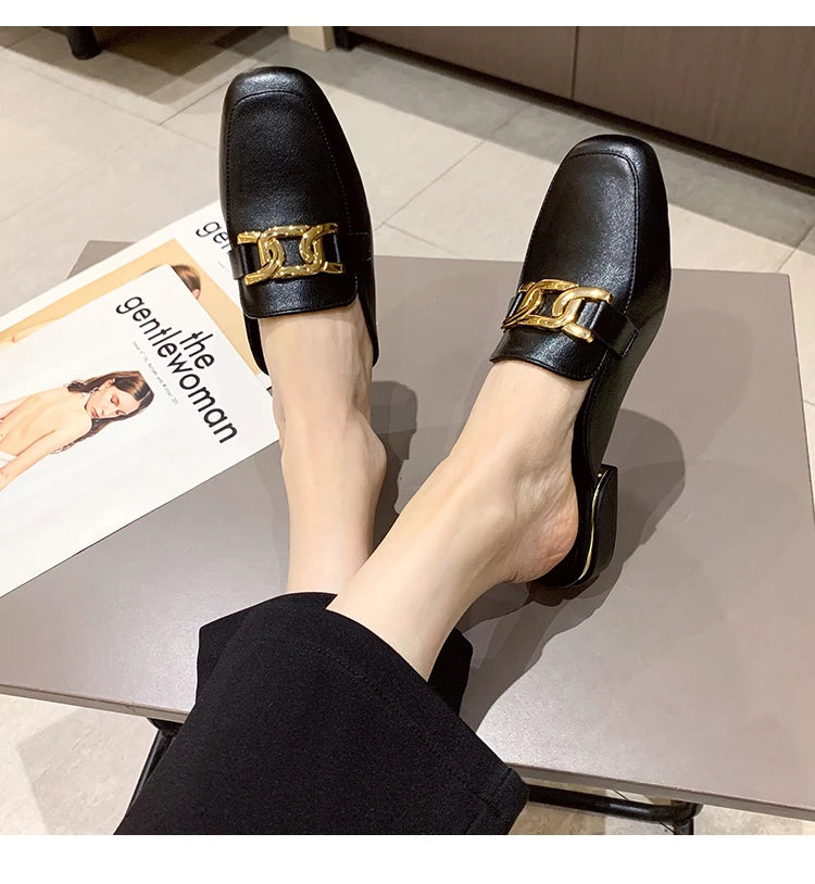 2024 Simply Metal Buckle Slippers Women Cover Toe Mules Flats Low Heels Shoes Ladies Casual Slip On Slides House Pantuflas Femme