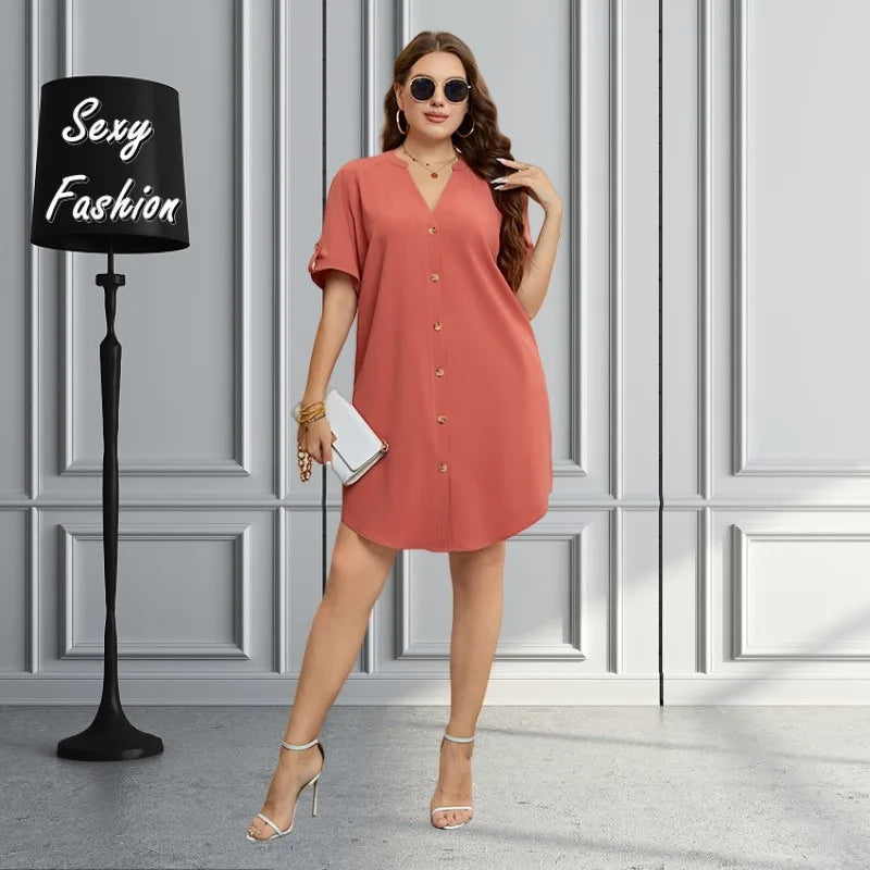 XL-4XL Plus Size Dresses Women Summer Clothing Solid Orange Short Sleeve V Neck Bra Extender Loose Sexy Beach Mini Shirt Dress