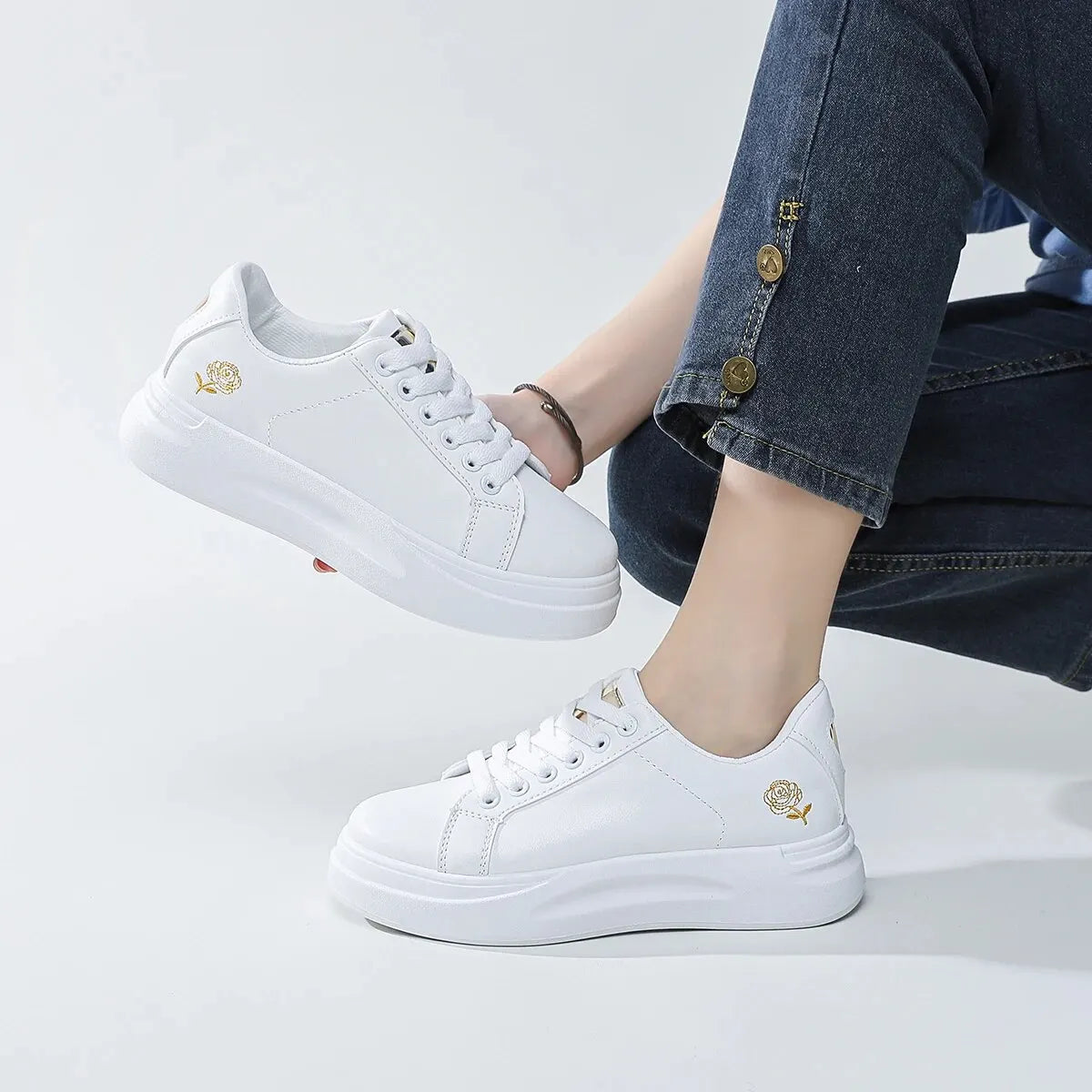 Women's Casual Sneakers White Metallic Detail Floral Embroidered Lace-Up Front Skate Shoes Womens Lightweight Walking Shoes