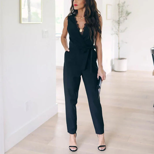 Customized Fashion Lace Women Jumpsuit With Belt Sleeveless Casual V-neck Solid Women Black Jumpsuits Fashion Female Pants