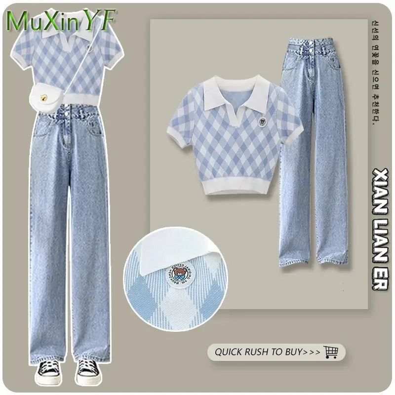 2024 Summer New Chic Short Sleeve Top+Casual Jeans Two Piece Women's Korean Elegant Blouse And Pants Matching Set Female Clothes