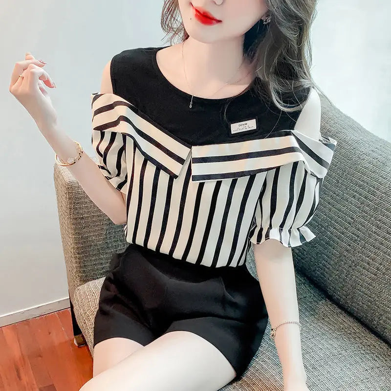 Women's Fashion Korean Striped Printed Off Shoulder Shirt Summer All-match Casual Two Piece Set Spliced Blouse Female Clothing